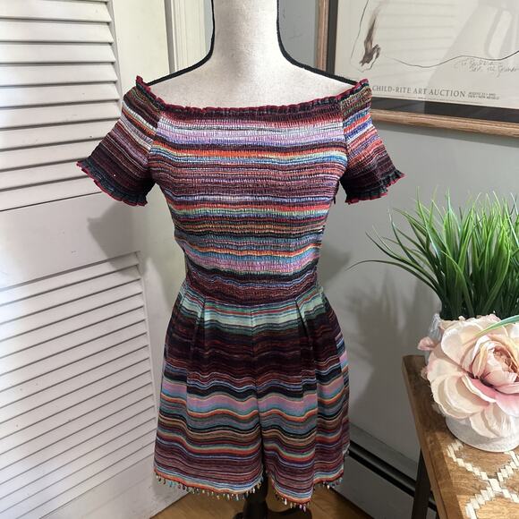 NICOLE MILLER Romper Womens 10 Rainbow Stroped Smocked Off Shoulder Soft Girl - Picture 1 of 12